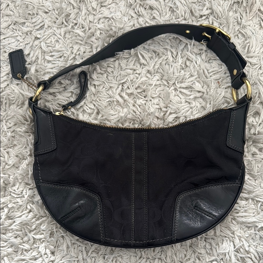 Coach Black and Gold Hobo Bag with Crescent Shape